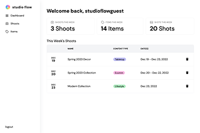A screenshot of the studio flow app.