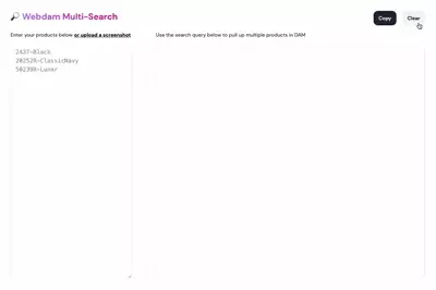 A screen recording of the dam multi-search app. Products are entered into a text box and a search string is returned.